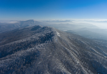Aerial landscape of winter mountain forest.