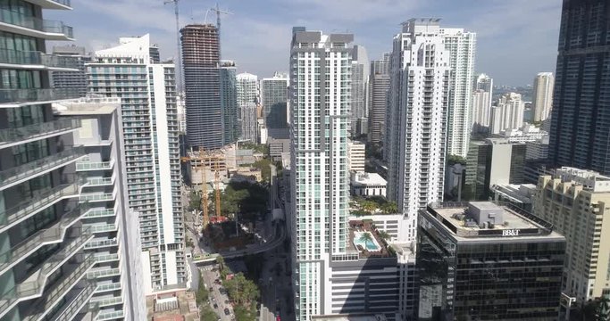 Aerial video of highrise buildings at Brickell Miami Florida