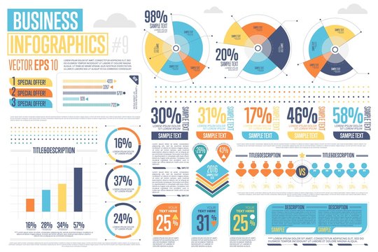 Business infographics set with different diagram vector illustration. Abstract data visualization, marketing charts and graphs. Business statistics, planning and analytics, forecasting growth rates