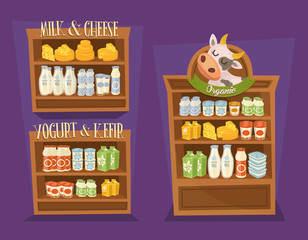 Dairy products set. Supermarket shelves with cheese, kefir, milk, yoghurt and other dairy products, vector illustration. Nutritious and natural healthy food. Organic farmers products. Shop interior