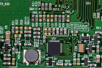 Electronic green computer hardware technology. PC background. close up.