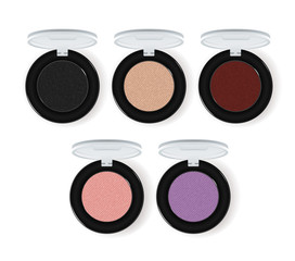 Realistic makeup cosmetics set isolated on white background vector illustration. Colorful facepowder or eyeshadow container collection. Decorative facial cosmetics products, beauty fashion makeup