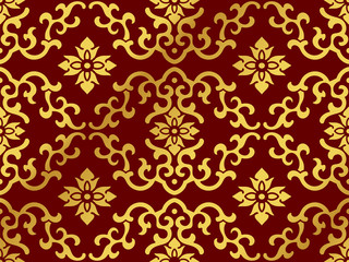 Seamless Golden Chinese Background Wave Curve Spiral Flower Cross
