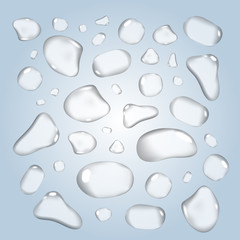 Vector collection of realistic drops water on the bright background.