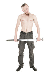 Young handsome man with sword isolated