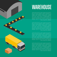 Warehouse logistics and transportation isometric vector illustration. Commercial truck near cargo storage terminal. Warehouse logistics, delivery business, freight shipping company concept