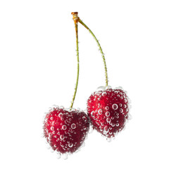 Two cherries covered with air bubbles isolated on a white background