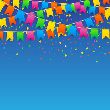 Colorful birthday balloons and confetti on background