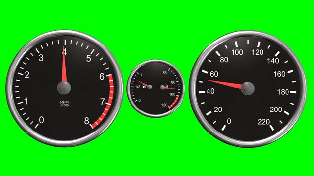 Tachometer and speedometer moving animation on green screen 
