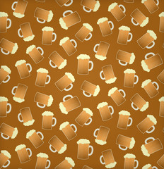 Vector cartoon seamless pattern with mugs of beer for gift wrapping paper, covering and branding on the brown background. Concept of brewery and alcohol drink menu.