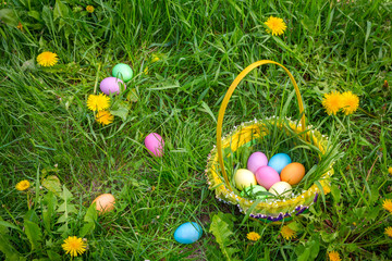 background with colorful easter eggs on lawn and in basket