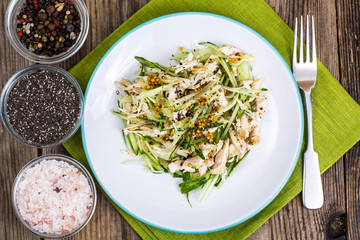 Chicken salad, fresh vegetables and chia seeds