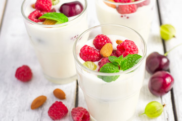 Homemade yoghurt with seasonal berries. Healthy natural dessert.
