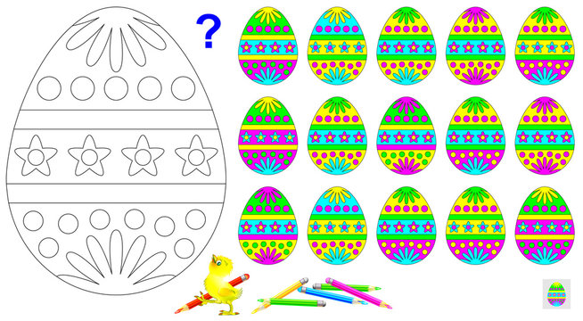 Logic puzzle for children. Need to find the only one unpaired egg and paint black and white drawing in corresponding colors. Vector cartoon image.
