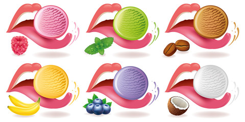 ice cream lying on tongue with raspberry, blueberry, banana, coconut, coffee, mint