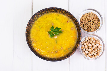 Vegetarian food is without meat: soup with chickpeas