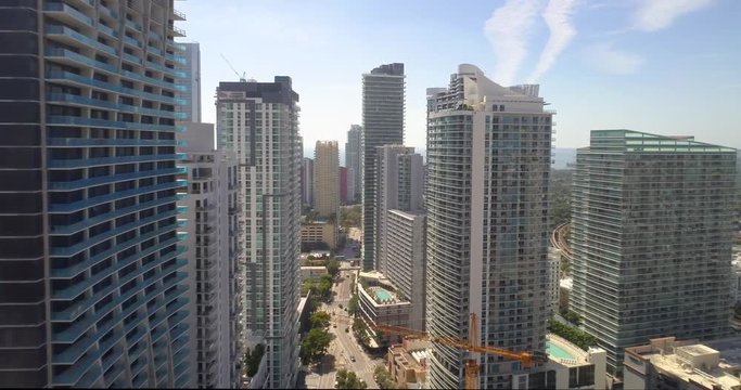 Aerial video footage of highrise luxury buildings on Brickell