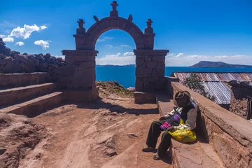 Kussenhoes Peru, Titicaca lake, Taquile island. Beautiful view on the lake on sunny day. Taquile Arch. © Iuliia