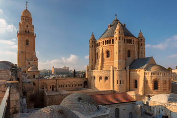 Church of Dormition at sunset, near Zion Gate, Jerusalem Old City. Israel.