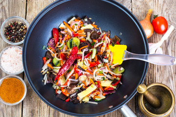 Chinese mix vegetables, fried in a pan