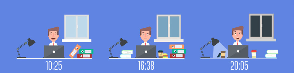 Business life workaholic worker in office day and night scene vector illustration