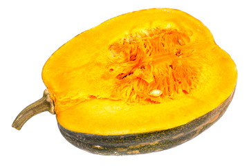 Butternut squash with seeds, cut in half on a white background