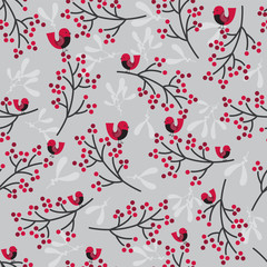 Seamless christmas pattern with berry and robin design