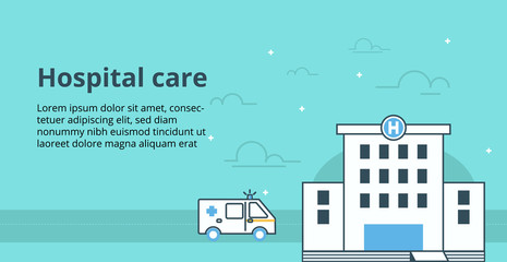 Health care banner design.Vector line illustration of hospital with emergency car on green background