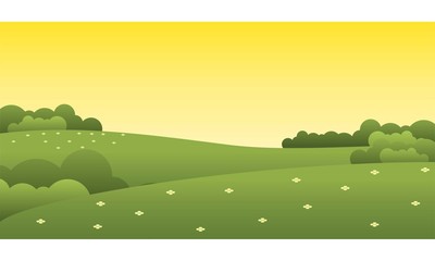 Naklejka premium Piękny zachód słońca zielony park krajobraz ilustracji wektorowych