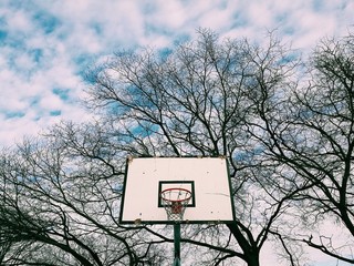Basketball hoop shot from the low angle
