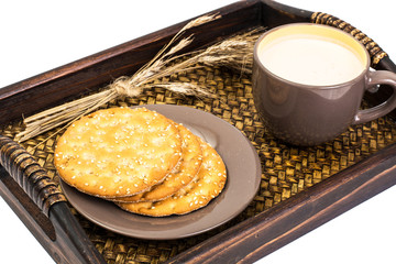 healthy breakfast on tray: yogurt and cereal cookies