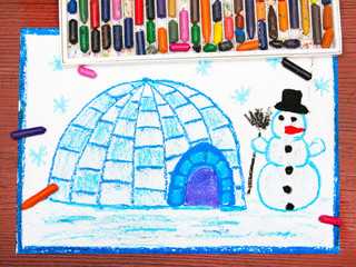 Colorful drawing: Winter landscape, igloo and snowman