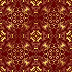 Seamless Golden Chinese Background Spiral Curve Frame Flower