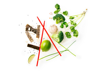 Asian food ingredients on white background with copy space