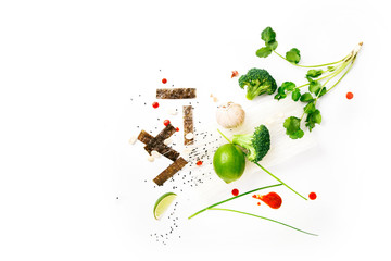 Asian food ingredients on white background with copy space