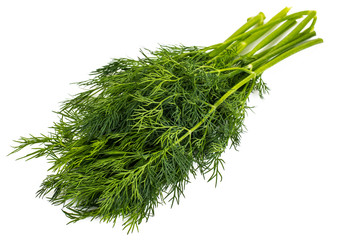 Dry seeds and green sprigs of dill on a white background