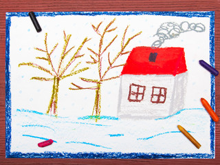 Colorful drawing: winter landscape with house and trees without leaves