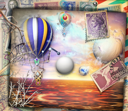 Steampunk hot air balloons in the enchanted country-old fashioned postcard