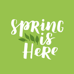 Vector seasonal greeting card of hand-written spring brush lettering. Spring collection white ink and green floral elements on green background. Trendy greenery color of spring 2017.