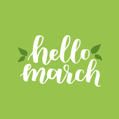 Vector seasonal greeting card of hand-written spring brush lettering. Spring collection white ink and green floral elements on green background. Trendy greenery color of spring 2017.