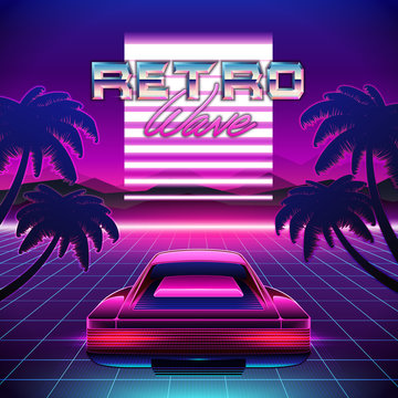 80s Retro Sci-Fi Background. Vector retro futuristic synth retro wave illustration in 1980s posters style