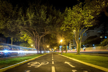 Fototapeta na wymiar Long exposure of urban active path between avenues for cyclists
