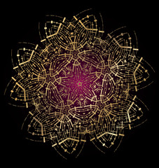 Psychedelic Skull Mandala Black and White Vector Illustration. Bandana. Symmetrical round pattern. Gold. Curved lines