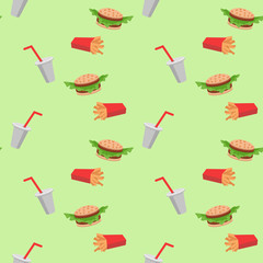 Fast food seamless pattern with cheeseburgers vegetables, french fries, soda
