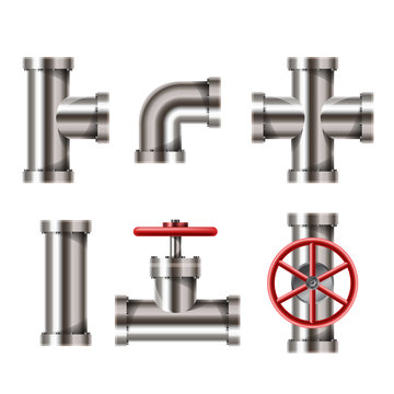 Realistic metallic water pipe set with tap, corner, and cross elements, isolated on white