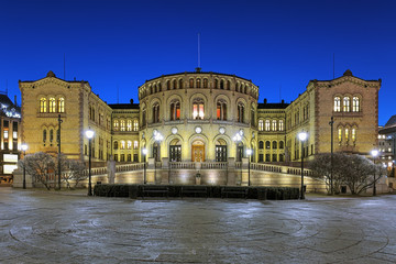 Storting building, the seat of the parliament of Norway, in Oslo in night