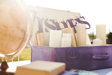 Suitcase. Journey. The globe. Books. Candles.