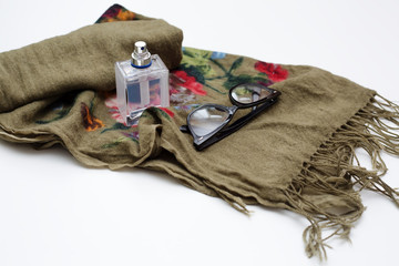 Perfume with scarf and sunglasses