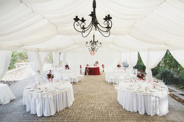 Beautiful Banquet hall under a tent for a wedding reception.