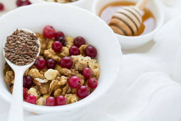 Healthy breakfast: muesli with walnuts, milk, honey and fresh cranberries on white wooden background. Selective focus